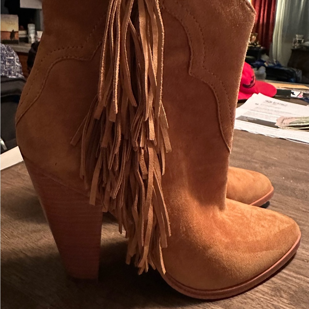 Frye Brown Suede Fringe Ankle Booties